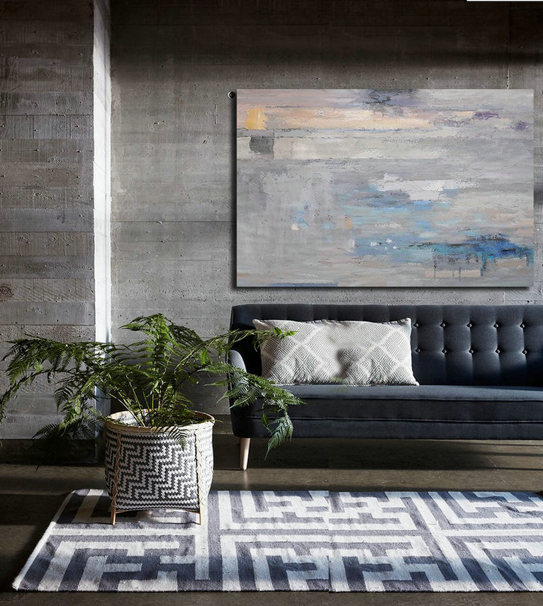 Large Abstract Art Handmade Painting,Oversized Horizontal Contemporary Art,Original Art Acrylic Painting, Grey,Blue,White.etc